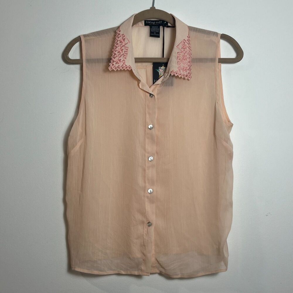 Living Doll Peach Chiffon Sleeveless Embroidered Collar Size M Button Up Blouse